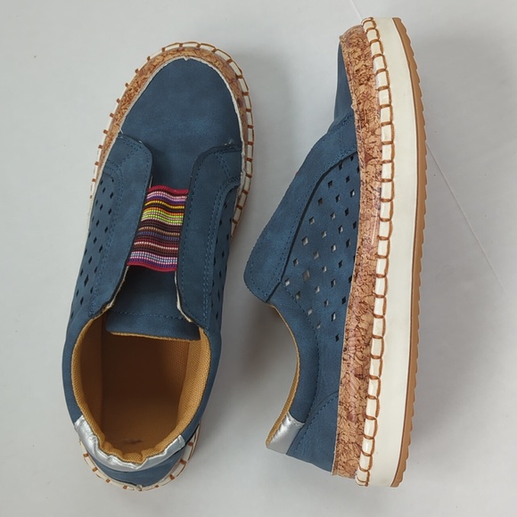 Faux Suede Leather Perforated Cork Look Slip On Sneaker 8 Blue - Picture 1 of 16